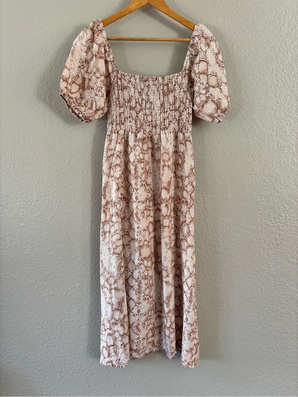 Kivari Linen Snake Print Midi Dress Puff Sleeve Coastal Cowgirl Boho S